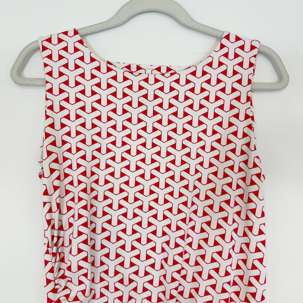 J. McLaughlin Sleeveless Ruched Dress Coral  & White Geometric Women's Medium - Picture 5 of 13